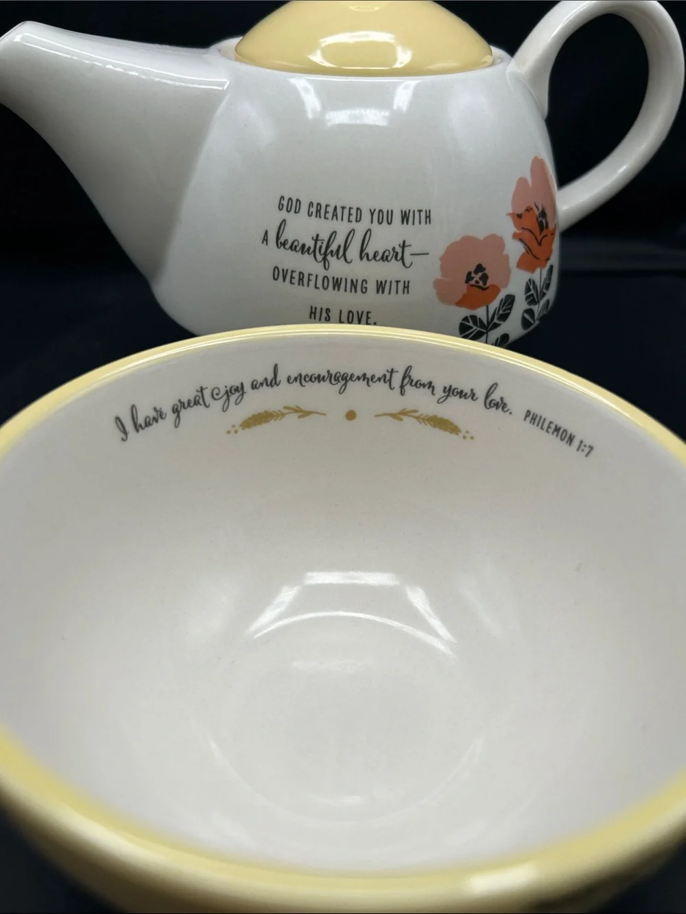 EUC DaySpring Tea for One Set Teapot & Cup Philemon 1:7 Yellow Floral